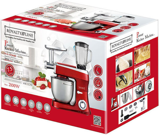 Royalty Line RL-PKM-2100BG Stand Mixer 2100W with Stainless Mixing Bowl 7.5lt Red