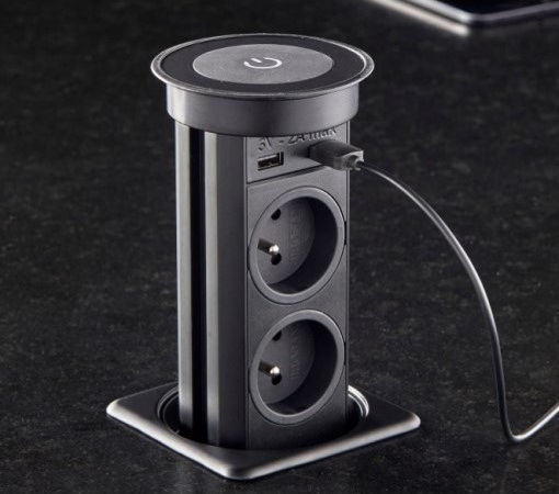 SFL Priză Electrică Dublă Mortice cu 2 Porturi USB Neagră
