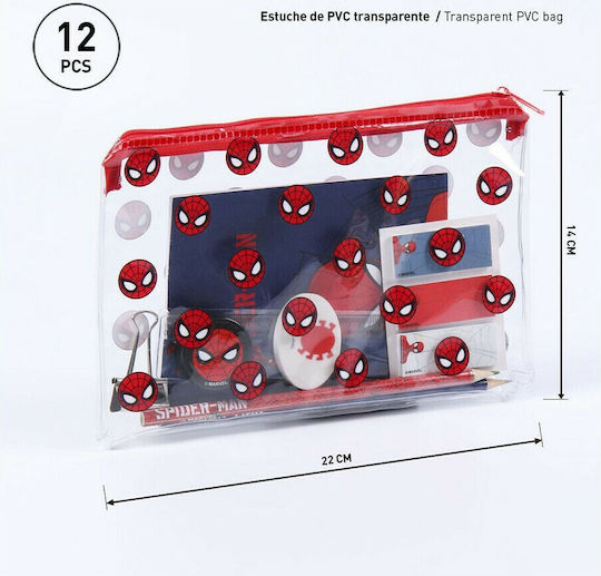 Cerda Spiderman Kinder Schreibwarenset mit Bleistift, Spitzer, Radiergummi, Notizbuch, Lineal und Etui 12Stück