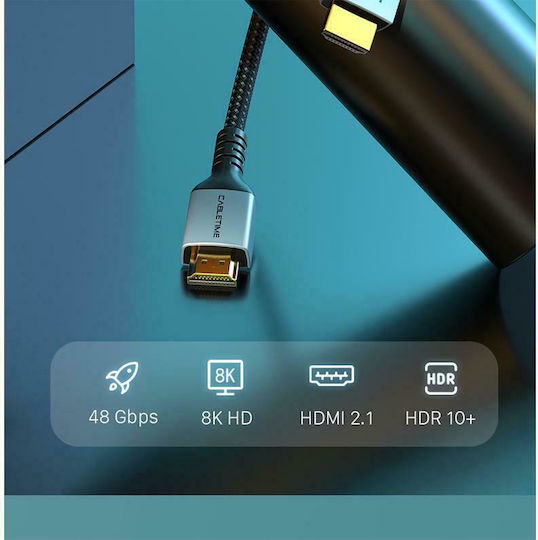 Cabletime HM8K HDMI 2.1 Ultra High Speed 48Gbps 4K 120Hz HDR VRR Braided Cable HDMI Male - HDMI Male 2m Black