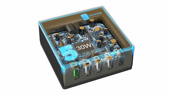Cellular Line Ladestation mit 4 USB-A Anschlüsse und USB-C Anschluss 60W Stromlieferung / Schnellaufladung 3.0 in Blau Farbe (Desk Multipower 5)
