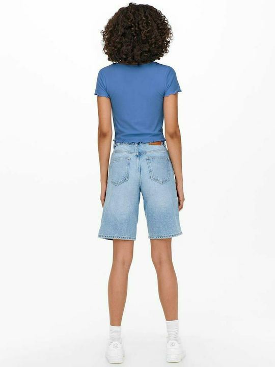 Only Damen Sommer Crop Top Kurzarm mit V-Ausschnitt Blau