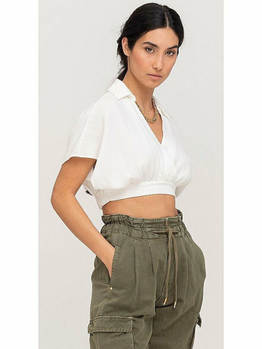 Emily Γυναικείο Καλοκαιρινό Crop Top Λινό Κοντομάνικο Λευκό