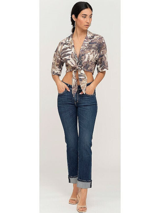 Aster Bluza Damă Crop Top De Vară Din In Mâneci Scurte Cu Decolteu În V Model Floral Bej/Maro 62-009.047.N0000