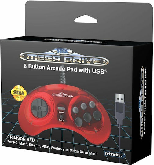 Retro-bit Sega MegaDrive Ενσύρματο Gamepad για PC / PS3 / Switch Κόκκινο