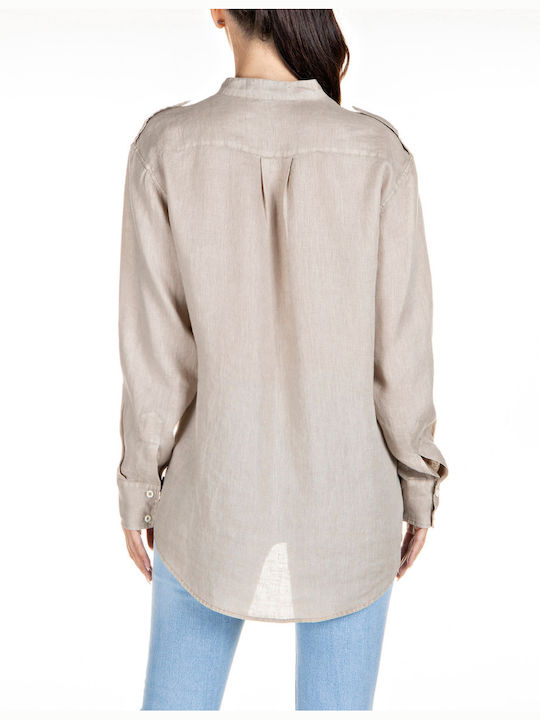 Replay Women's Linen Monochrome Long Sleeve Shirt Beige