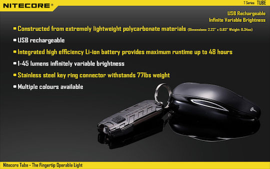 NiteCore Rechargeable Keychain Flashlight LED IP65 with Maximum Brightness 45lm Tube V2.0 Embedded Light Blue