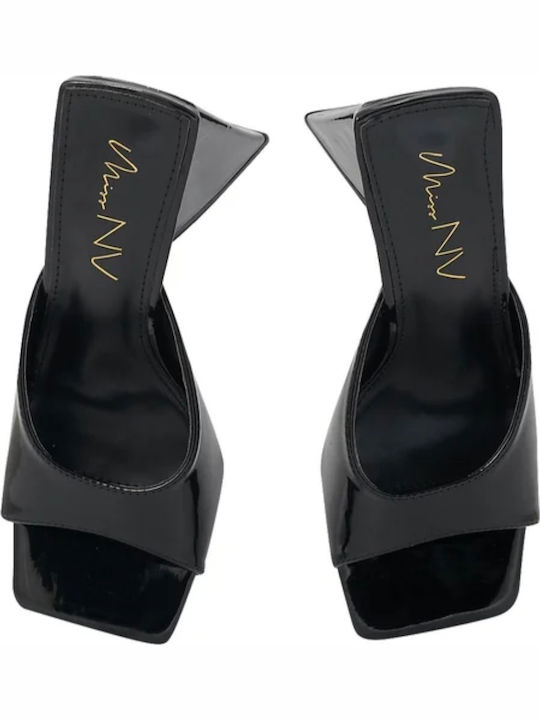 Mules from Patent Leather with Chunky High Heel in Black Color