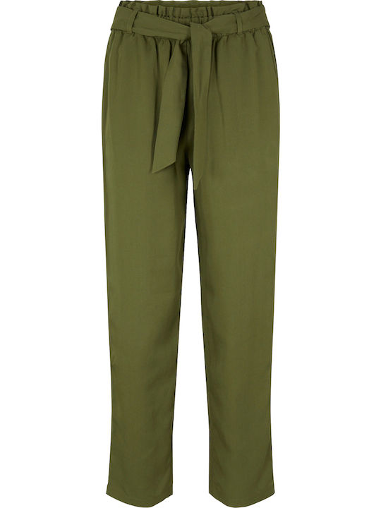Women's High-waisted Fabric Capri Trousers with Elastic Paperbag Fit Khaki