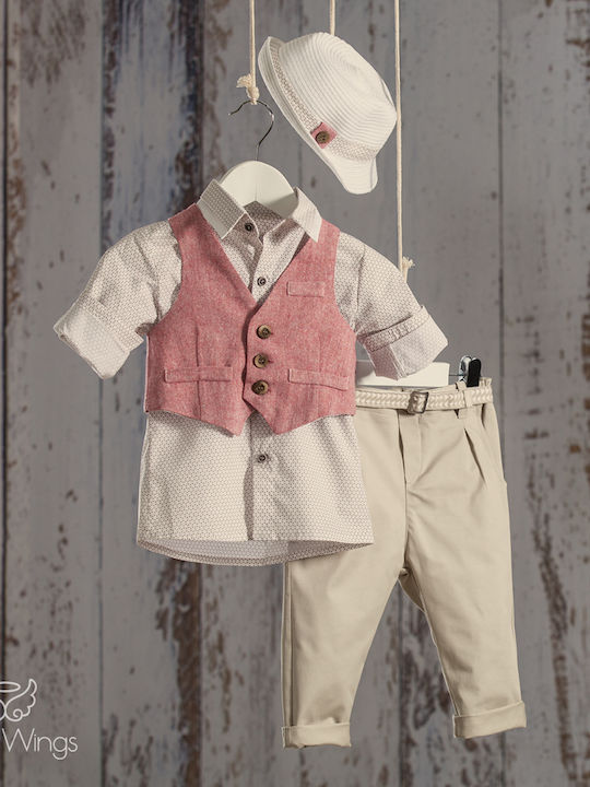 Angel Wings Boys Baptism Suit with Vest 5pcs Pink