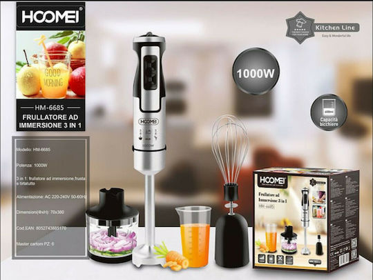 Hoomei HM-6685 Ραβδομπλέντερ με Ανοξείδωτη Ράβδο 1000W Ασημί