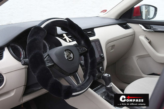 Compass Car Steering Wheel Cover Diamond with Diameter 37-39cm Synthetic Black Fur