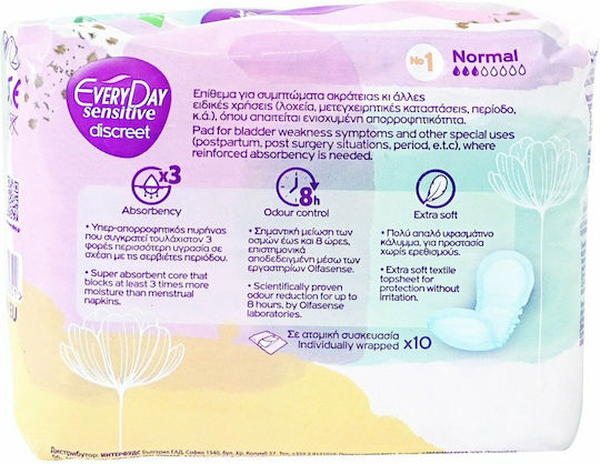 Every Day Sensitive Discreet Normal No1 Γυναικείες Σερβιέτες Ακράτειας Κανονικής Ροής 3 Σταγόνες 10τμχ