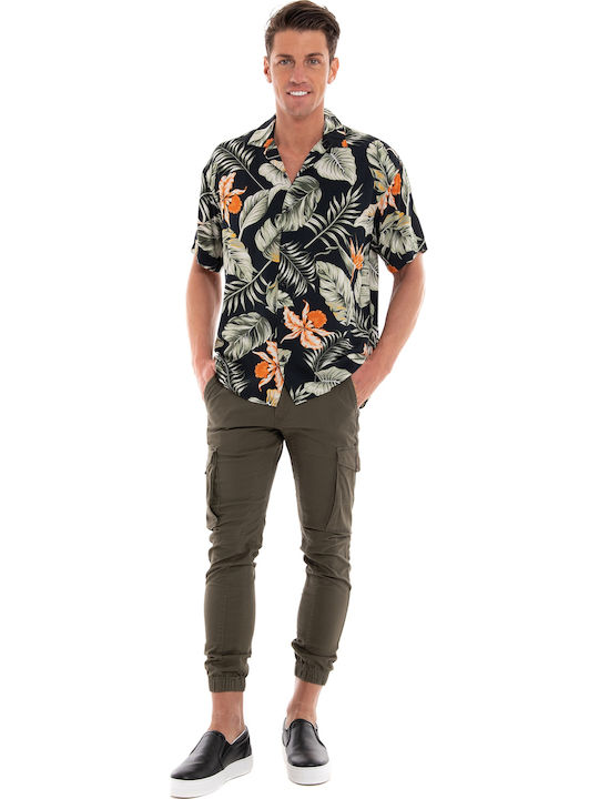 Kurzärmlig Baumwolle Hemd Blumen Schwarz