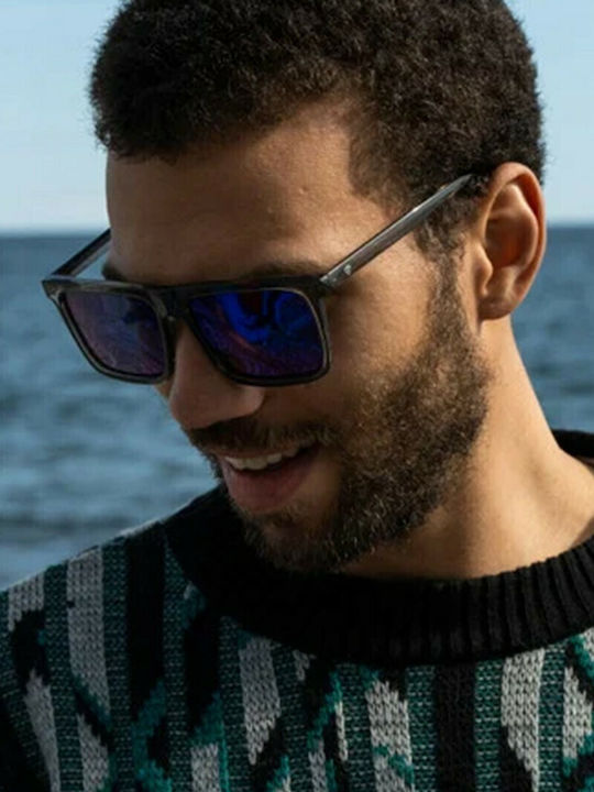 Chpo Bruce Men's Sunglasses with Gray Plastic Frame and Blue Mirror Lens 16132HC