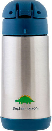 Stephen Joseph Zoo Kids Water Bottle Thermos Stainless Steel with Straw Non Spill Blue 350ml