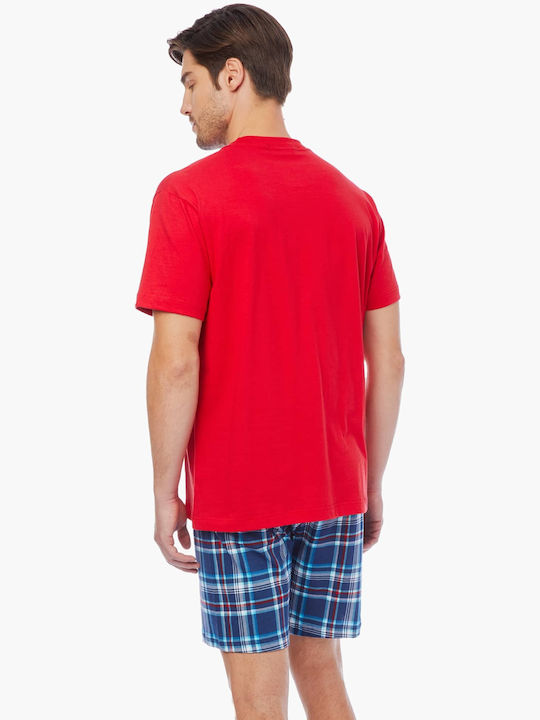 Minerva Men's Summer Cotton Checked Pajamas Set Red