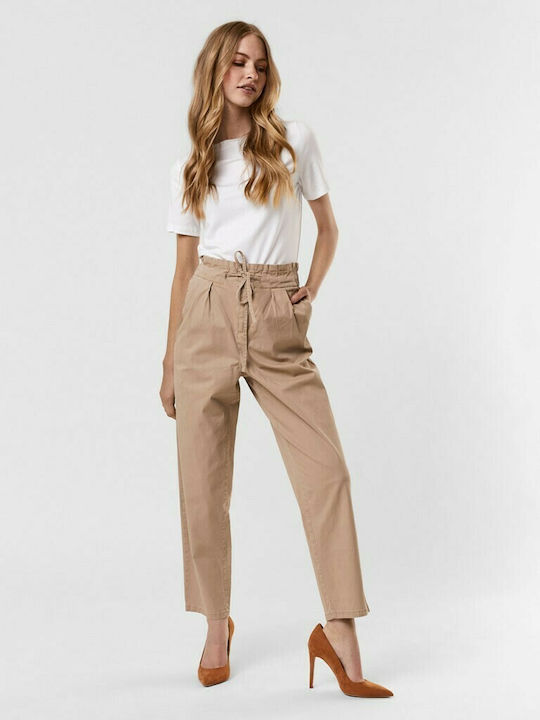 Damen Hoch tailliert Stoff Hose mit Gummizug in Lockere Passform Braun