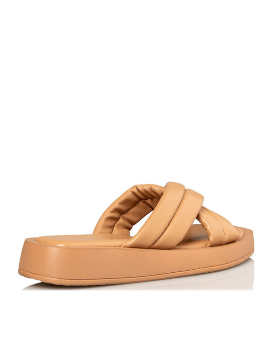 Leather Women's Flat Sandals Flatforms in Beige Color