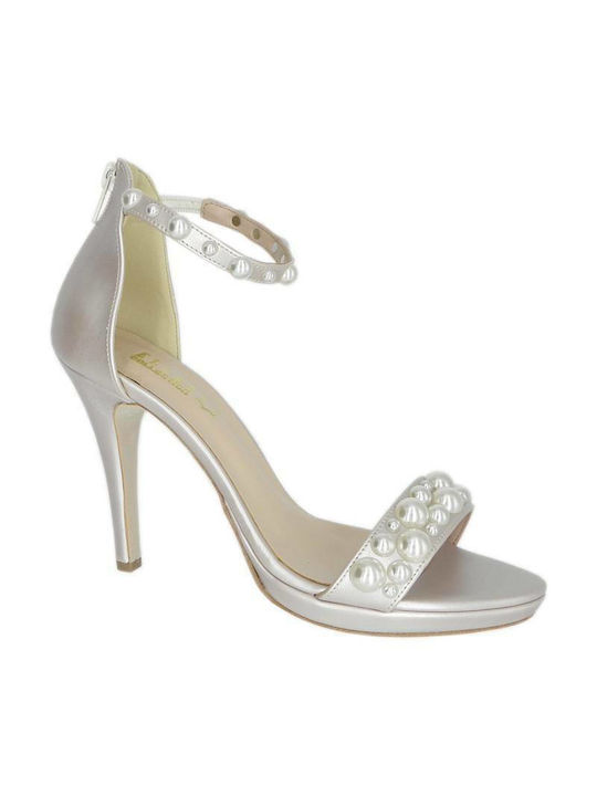 Ellen Women's Sandals with Ankle Strap Silver with Thin High Heel