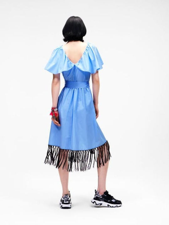 Karl Lagerfeld Fringing Detail Summer Midi Dress Wrap with Ruffle Sky Blue