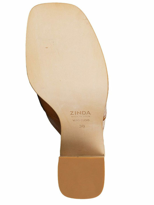 Leather Mules with Chunky High Heel in Tabac Brown Color