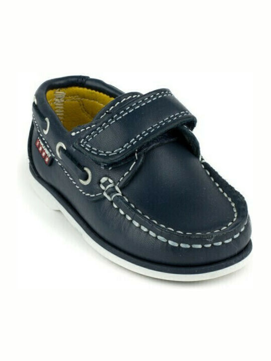 Boys Leather Moccasins with Velcro Navy Blue