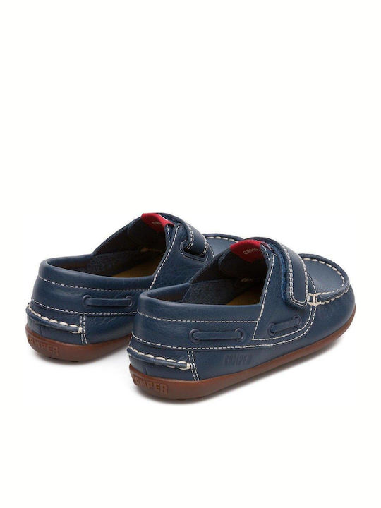 Boys Leather Moccasins with Velcro Peu Navy Blue