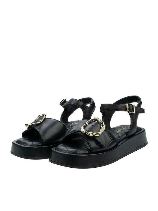 Leather Women's Flat Sandals Flatforms in Black Color