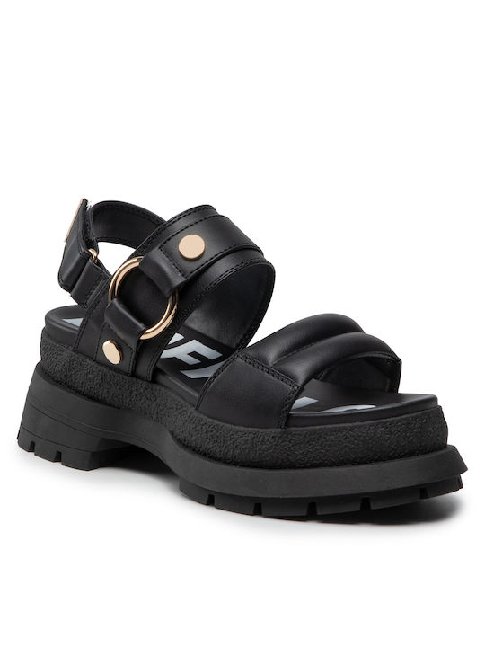 Buffalo Rude Ring BN1 Leder Damen Sandalen in Schwarz Farbe