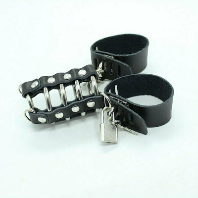 Dream Love Ohmama Fetish Leather Strap Metal Ring Cock Cage With Ball Divider Cușcă pentru Penis în Culoarea Negru D-230057