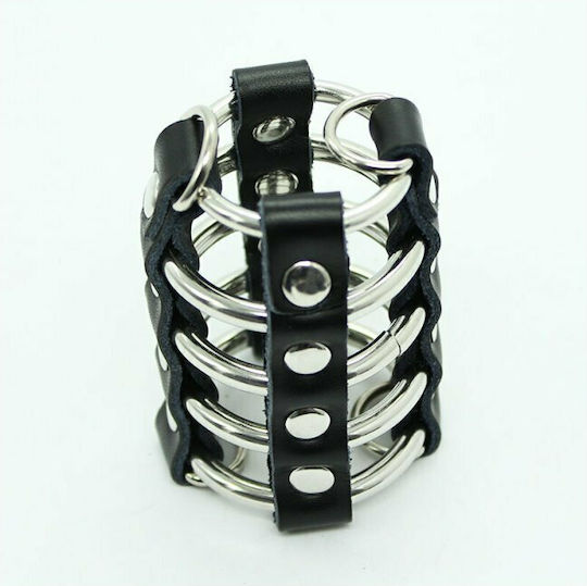 Dream Love Ohmama Fetish Leather Strap Metal Ring Cock Cage With Ball Divider Penis Cage in Black Color