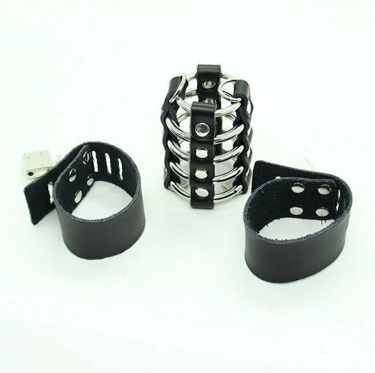 Dream Love Ohmama Fetish Leather Strap Metal Ring Cock Cage With Ball Divider Penis Cage in Black Color
