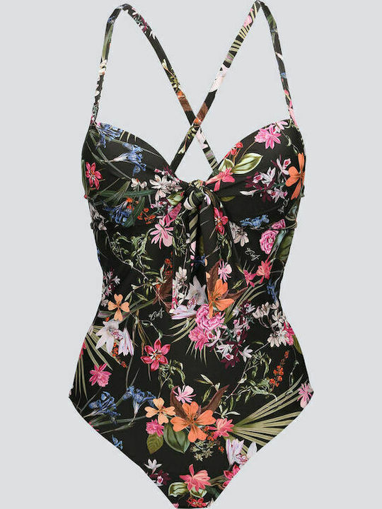 Jungle Costum De Baie Întreg Negru Floral