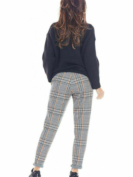 Awama Women's Fabric Trousers in Tapered Line Checked Navy Blue