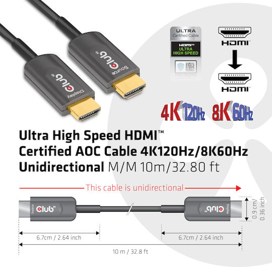 Club3D HDMI 2.1 Ultra High Speed 48Gbps 4K 120Hz HDR VRR Cable HDMI Male - HDMI Male 10m Black