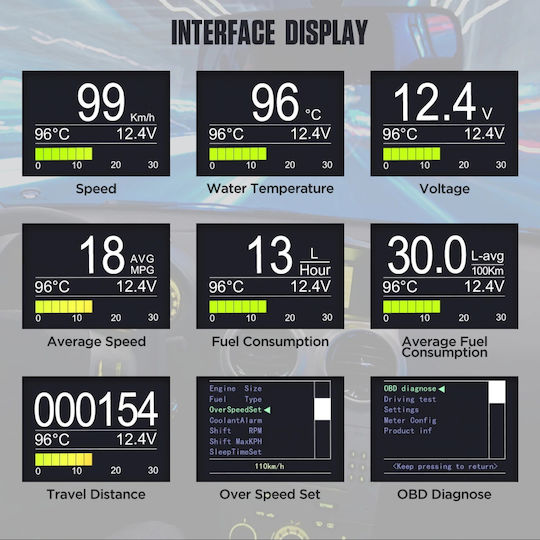 Autool HUD X50 Ψηφιακό Όργανο Θερμοκρασίας Νερού / Θερμόμετρο / Στροφόμετρο / Ταχύμετρο Αυτοκινήτου Μαύρο