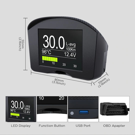 Autool HUD X50 Ψηφιακό Όργανο Θερμοκρασίας Νερού / Θερμόμετρο / Στροφόμετρο / Ταχύμετρο Αυτοκινήτου Μαύρο