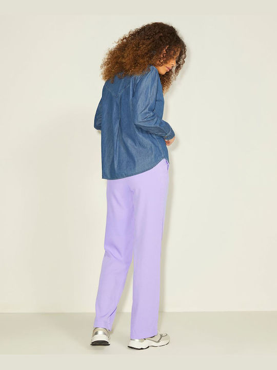Jack & Jones Women's High Waist Fabric Trousers with Elastic in Regular Fit Purple