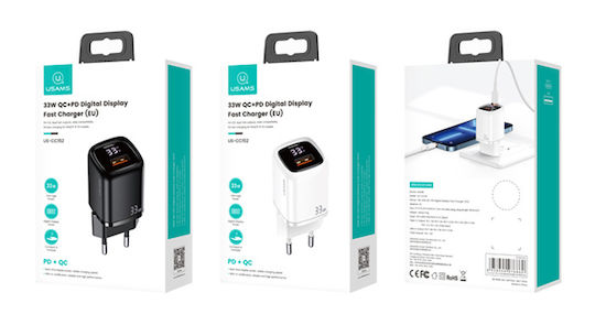 Usams Φορτιστής Χωρίς Καλώδιο με Θύρα USB-A και Θύρα USB-C 33W Power Delivery / Quick Charge 3.0 Λευκός (CC152)