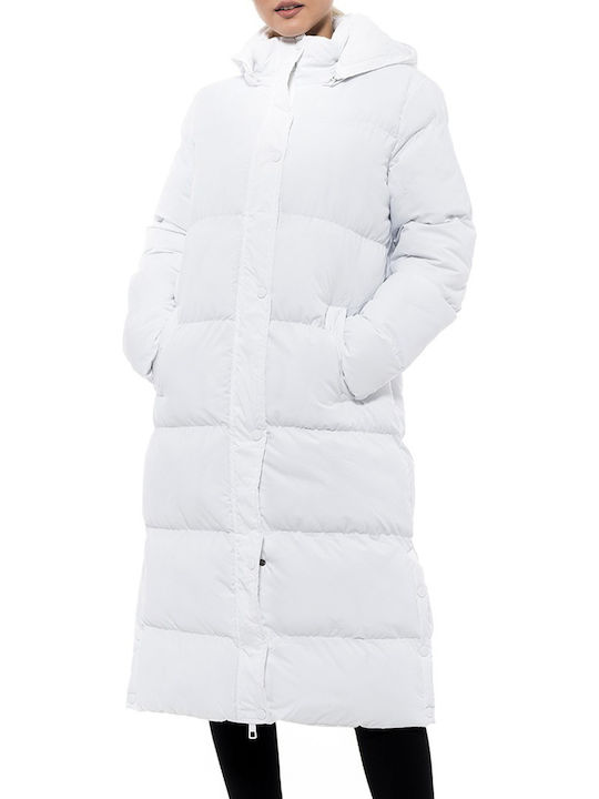 Splendid Women's Long Puffer Jacket for Winter with Hood White