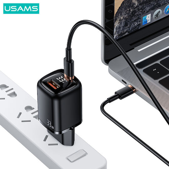 Usams Charger Without Cable with USB-A Port and USB-C Port 33W Power Delivery / Quick Charge 3.0 Blacks (CC152)