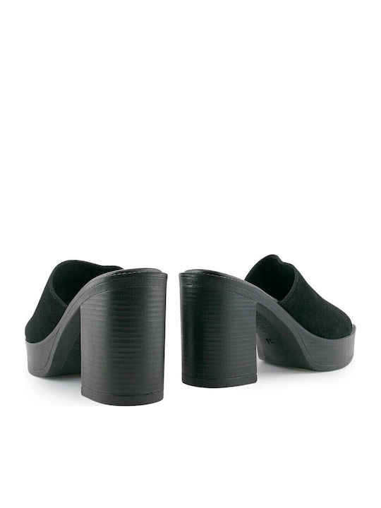 Leather Mules with Chunky High Heel in Black Color