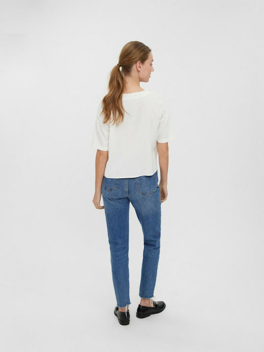 Vero Moda Damen Sommer Crop Top Leinen Kurzarm mit V-Ausschnitt Weiß