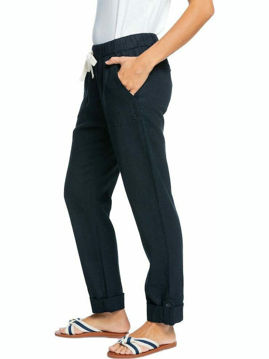 On The Seashore Women's High Rise Linen Cargo Pants with Rubber Band Gray