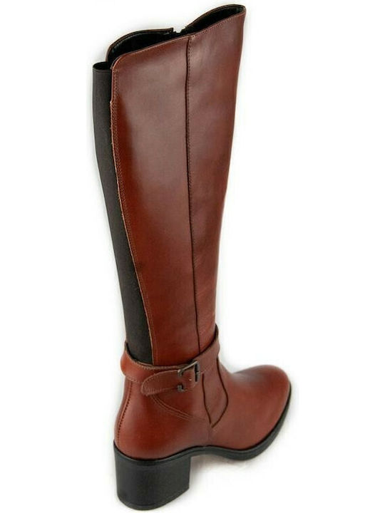Leder Damenstiefel mit mittlerem Absatz Tabac Braun