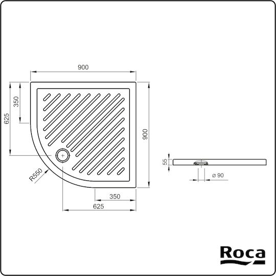 Roca Roma Ημικυκλική Πορσελάνινη Ντουζιέρα 90x90cm Λευκή