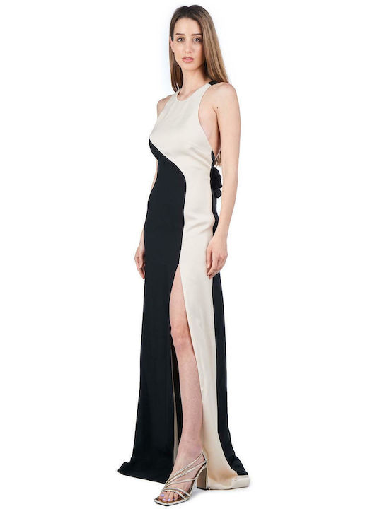 Summer Maxi Evening Satin Open Back Tearing Dress Black