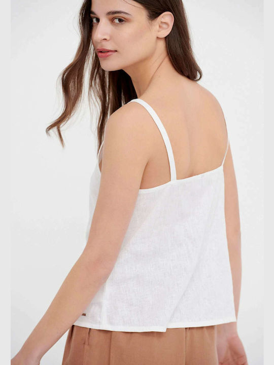 Funky Buddha Women's Summer Blouse Linen with Straps & V Neck Off White