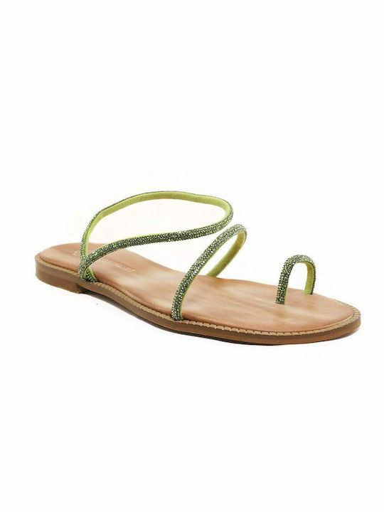 Makis Kotris Leather Women's Flat Sandals in Green Color